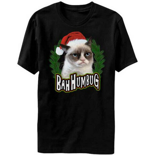 Bah Humbug Grumpy Cat เสื้อยืดพวงหรีดคริสต์มาส X-Mas Angry Santa Hat Mens