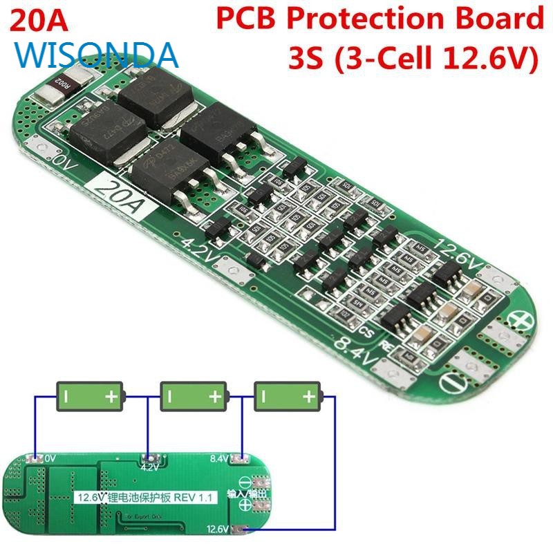 บอร์ดโมดูลชาร์จลิเธียม 3S 20A Li-ion 18650 PCB BMS 12.6V เซลล์ 64x20x3.4 มม.