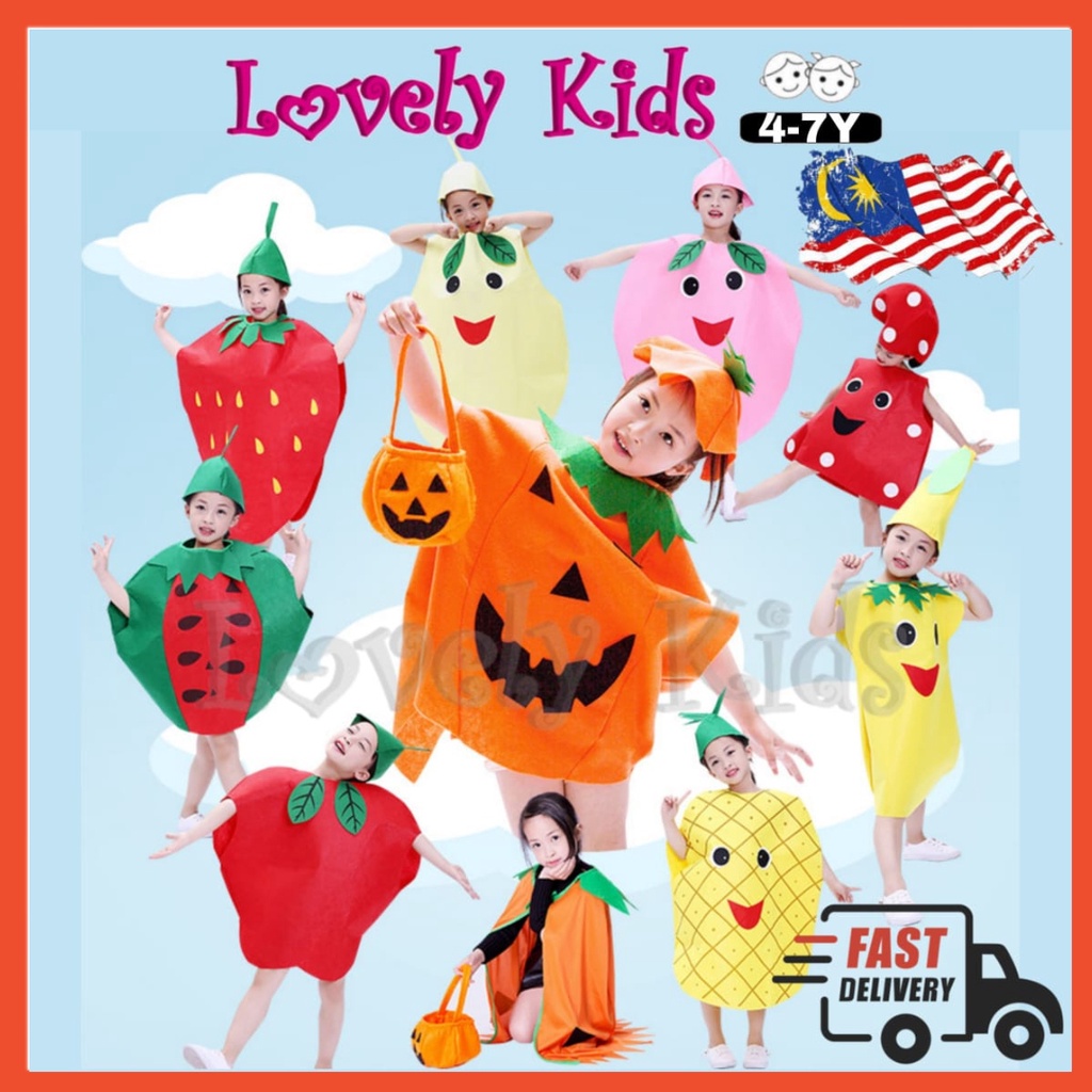4y-8y เด็กเครื่องแต่งกาย FRUITS & VEGETABLES Apple Strawberry School Party ฮาโลวีนเครื่องแต่งกาย 万圣节