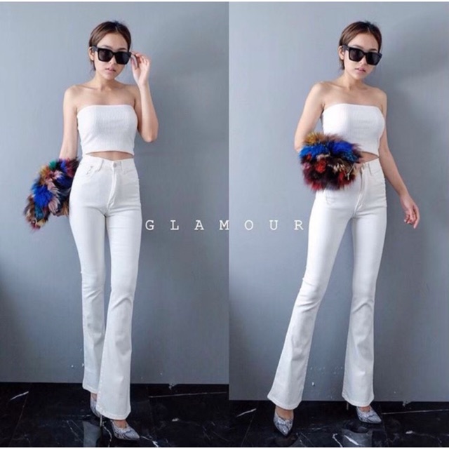 Instyles_shop 💥 กางเกงยีนส์ขาม้าเล็กเอวสูงสีขาว ผ้ายืดใส่สบาย