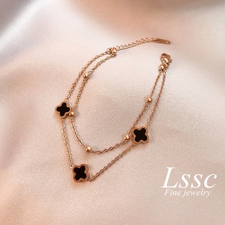 ไม่ลอกดำใส่อาบน้ำได้ สร้อยข้อมือผู้หญิงสแตนเลส กำไลข้อเท้า / สร้อยข้อเท้า กุหลาบทองสี่ใบโคลเวอร์สร้อยข้อมือโซ่ชุบทอง 18k