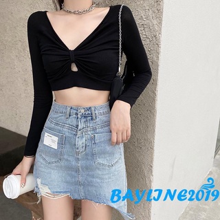 Bay-Women´s Solid Color Knit Tops Long Sleeves V-neck Cropped Navel French Cropped Bottoming Tops