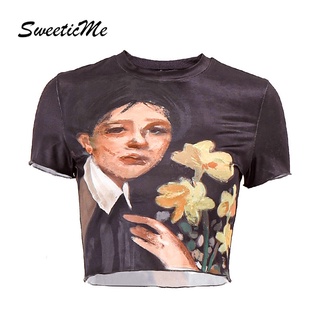 Sweeticme ใหม่ เสื้อยืดลําลอง แขนสั้น คอกลม ทรงสลิมฟิต พิมพ์ลาย เซ็กซี่ แฟชั่นสําหรับสตรี 2022