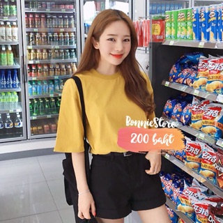 เสื้อยืดคอกลมทรงใหญ่ รอบอกกว้างใส่สบายสไตล์สาวเกาหลี สีเหลืองมัสตาด