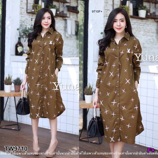 AK 9710 Dress เดรสเชิ๊ตกระดุมหน้า กระเป๋าข้างสองด้าน ปักอกโลโก้