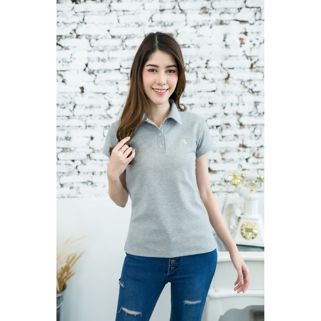 เสื้อโปโลผู้หญิงสีเทาขาวท็อปดราย