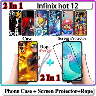 2 IN 1 เคส Infinix hot 12 พร้อมกระจกนิรภัยกันรอยหน้าจอโค้ง เซรามิค ลายนารูโตะ และวันพีช