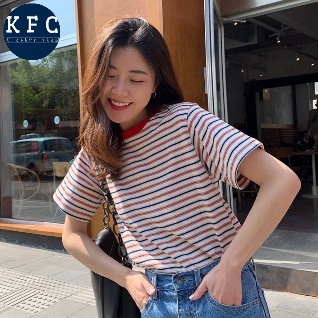 🌟KFC🌟  เสื้อยืดคอกลมแขนสั้นพิมพ์ลายทางลำลอง  สไตล์: วินเทจ สำหรับผู้หญิง เรียบๆแต่สวยใส่ชิวๆ #9304