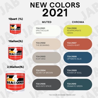 สี TOA 4SEASON NEW COLORS 2021 ขนาด 1Quart (1L) สำหรับภายนอก สีน้ำอะคริลิกแท้ 100% คุณภาพสูง ฟิล์มยึดเกาะดีเยี่ยม