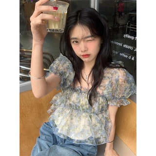 Girl life💖พร้อมส่ง💖เสื้อปาดไหล่แขนพัฟฝรั่งเศสผู้หญิงฤดูร้อนออกแบบเสื้อเอวเสื้อชีฟองสั้นเก๋top