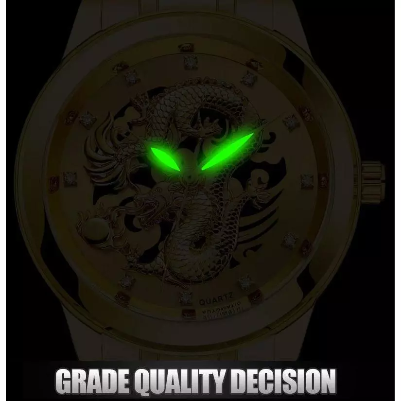 [ฟรีแหวน] 3D Gold Dragon Calendar Quartz Stainless Steel Men Watch Set Jam Tangan Naga Lelaki