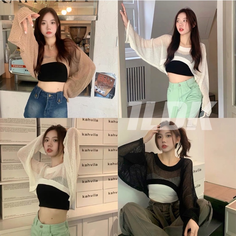 1LDK พร้อมส่ง เสื้อคลุมซีทรู ตาข่าย ผ้าไหมพรม แขนยาว คอกลม เสื้อครอป(78040)