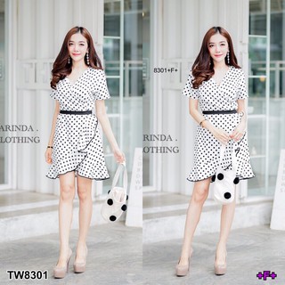 J8301 Dress เดรสสั้น ลายจุด แต่งระบายย้วยผูกเอว