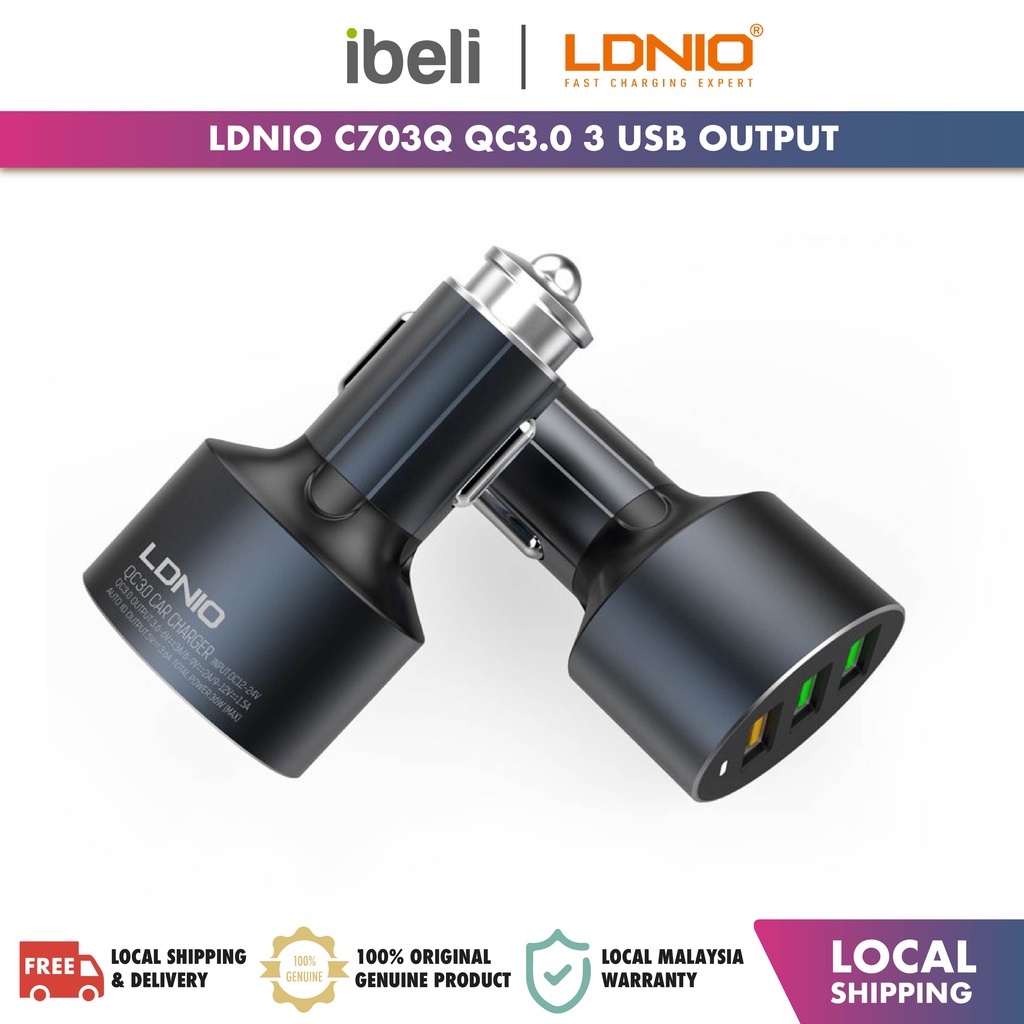 LDNIO C703Q Auto-ID 3USB Port Quick Charge 3.0 Fast Charging Car Charger