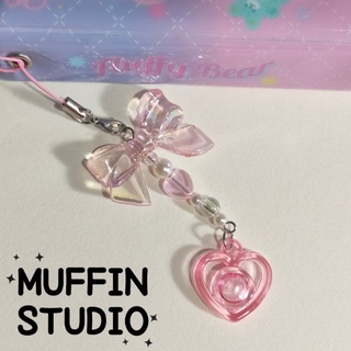Big ribbon sweet Keychain 🎀 พวงกุญแจลูกปัด สายห้อยโทรศัพท์ แต่งลูกปัดโบว์ใหญ่สีชมพูเหลือบรุ้ง จี้หัวใจและลูกปัดหัวใจ