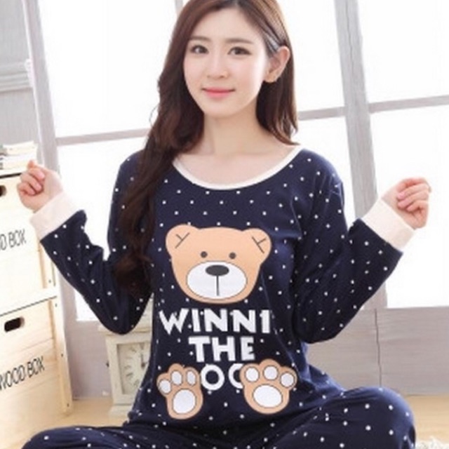 TG005A ชุดนอน เสื้อ+กางเกง ผ้าไมโครไฟเบอร์ ลายหมีกรมท่า (M/L/XL)