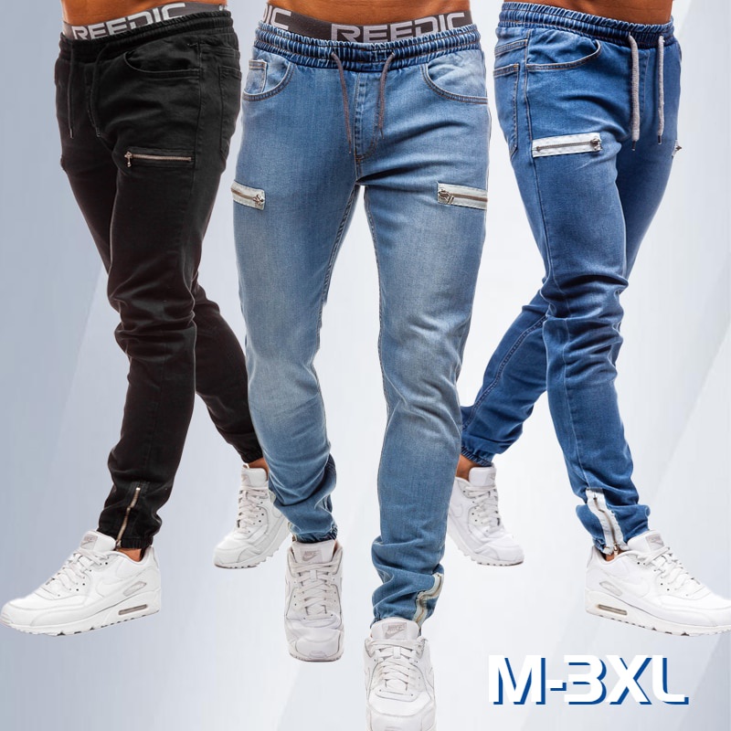 Men's Fashion Washed Denim Trousers Midwaist Drawstring Slimfit Jeans