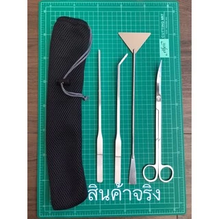 อุปกรณ์จัดตู้ไม้น้ำ เสตนเลส เซท 4 ชิ้น ฟอเซป forceps แหนบ กรรไกร แถมที่ตักเศษ 1 อัน ชุดจัดตู้ปลา