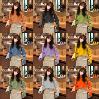 เสื้อแฟชั่นผู้หญิงเสื้อยืดสีพื้นแขนยาว เสื้อทรงหลวมสไตล์เกาหลี3504