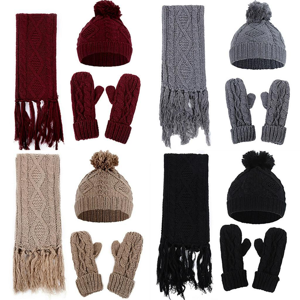 Warm Knitted Hat Scarf Gloves Three-Piece Set plus Fluffy Balls Hat Three-Piece Set