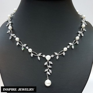 Inspire Jewelry (NN) ,ชุดเซ็ทสร้อยคอ พร้อมต่างหู มุก ประดับด้วยเพชร CZ งาน Jewelry Design สวยหรู ตัวเรือนหุ้มทองคำขาว