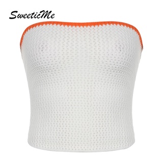 Sweeticme ใหม่ เสื้อสายเดี่ยว ผ้าถัก ฉลุลาย เซ็กซี่ สีตัดกัน 2022