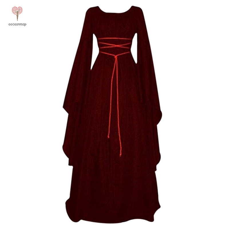 Women Vintage Style Medieval Maxi Dress Lace Up Gothic Masquerade Dress Mid Waist Crew Neck Halloween Long Sleeve #3