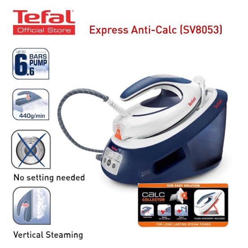 TEFAL เตารีดแรงดันไอน้ำSV8053  6.6บาร์ 1.8 ลิตร 2,830 วัตต์ ไม่ต้องปรับความร้อน รีดผ้าไม่ไหม้