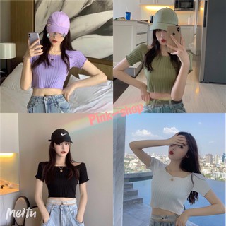 Pink-shop(พร้อมส่ง)🔥เสื้อครอปไหมพรม ปาดไหล่แฟชั่นเกาหลีสวยๆ