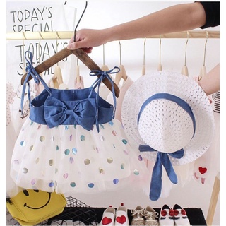 ( พร้อมส่ง ) ชุดเดรสเด็กผู้หญิงพร้อมหมวก ประดับโบว์ สายเดี่ยว กระโปรงชีฟอง