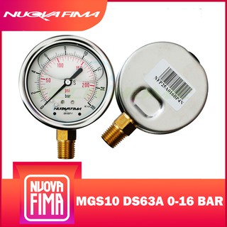 "NUOVA FIMA" PRESSURE GAUGE 2.5" 0-16 BAR (230PSI) | เกจวัดแรงดัน หน้าปัด 2.5" เกลียวทองเหลืองออกล่าง 1/4" NPT + น้ำมัน