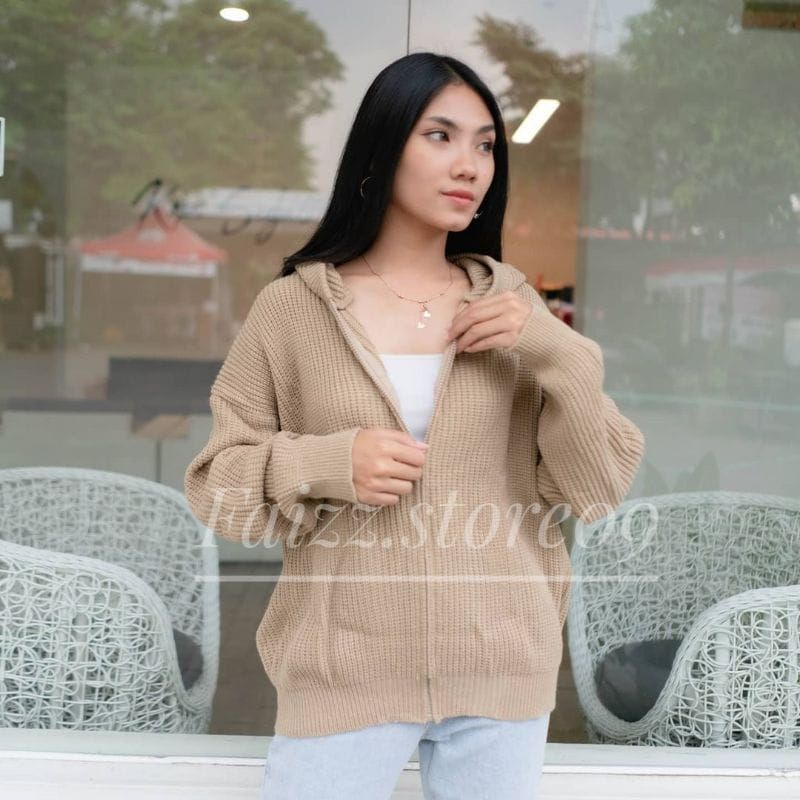 เสื้อฮู้ด-ถักเสื้อกันหนาว OVERSIZE Zipper/เสื้อไหมพรมผู้หญิงมีฮู้ด