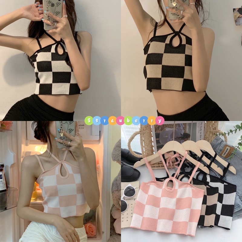 พร้อมส่ง เสื้อถัด เสื้อสายเดี่ยวทอลายตาราง แต่งสายคล้องคอ ผ้าknitทอร่องใหญ่