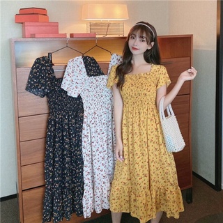 Floral dress for women retro square neck puff sleeve dress waist plus size A-line skirt กระโปรงลายดอกไม้หญิงฤดูร้อนชุดนางฟ้ากระโปรงฝรั่งเศสสแควร์คอชีฟองกระโปรงยาว MTM610