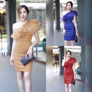 Dress เดรสไหล่เดี่ยวระบายผ้าแก้ว มีซิปหลัง ตีเกล็ดหน้า-หลัง เข้ารูปทรงสวย งานเดรสผ้าซาร่า AP10978