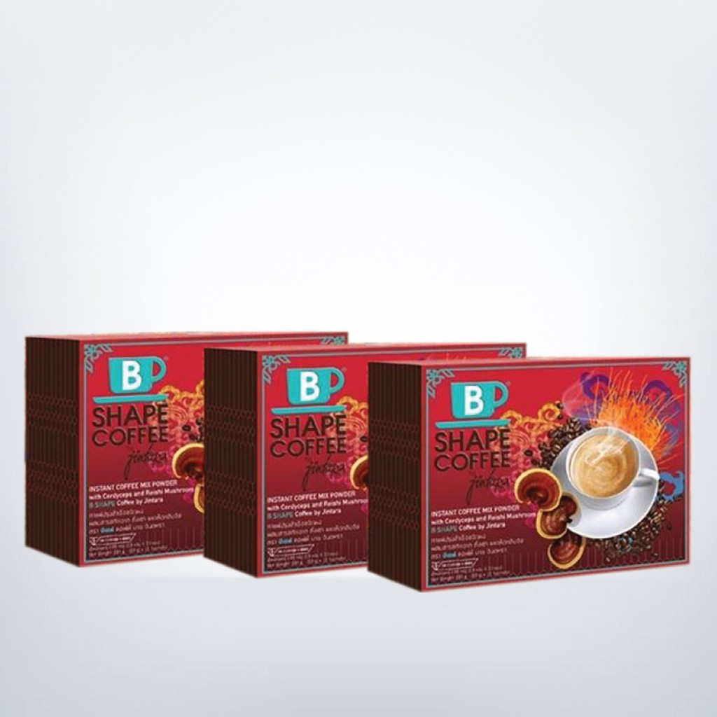 B Shape Coffee บีเชฟ คอฟฟี่ สูตร พรีเมี่ยม ผสมถั่งเช่า และเห็ดหลินจือ (10ซอง) 3 กล่อง