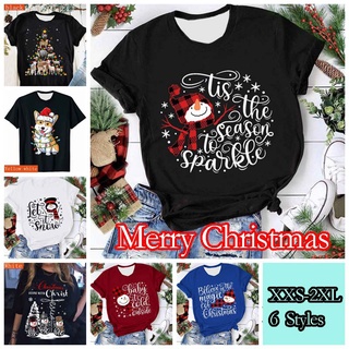 ⚡️ พร้อมส่ง⚡️ Xmas T-shirt Women Trendy Short Sleeve Merry Christmas Print Top Family Casual