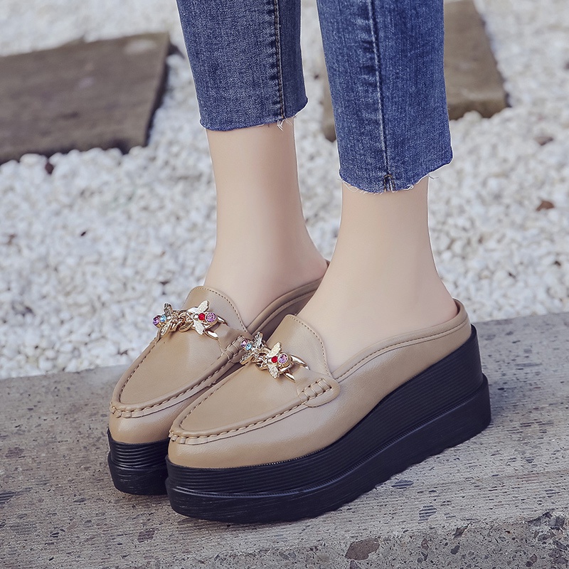 Bee knot Womens Wedges Shoes Slip on 8CM Heels Shoes Casual Kasut Wanita