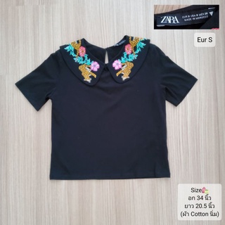 เสิ้อ Zara eur S สีดำปกคอบัวลายเสือ