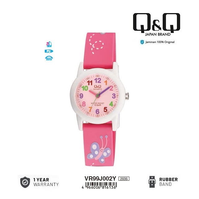 Q&Q QQ QNQ VR99 VR99J VR99J002Y ORIGINAL ANALOG KIDS WATCH กันน้ํา CHILDRENS WATCH RUBBER BAND STRAP
