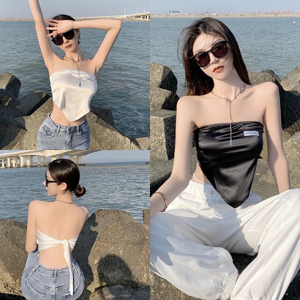 ✅ส่งไว✅สต็อกไทย เสื้อเกาะอก ผูกหลังอกแต่งเย็บป้าย 2 สี - รูปที่ 6