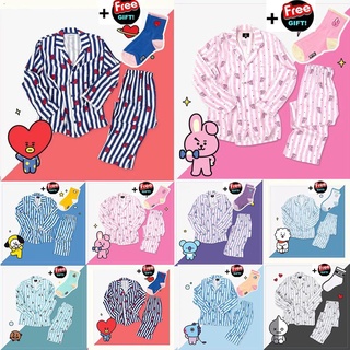 คำสั่งจ่ายเงิน【BT21 Cartoon ชุดนอน】KPOP BTS BT21 Cartoon Home Service Suite TATA Cute ชุดนอน Top Pant