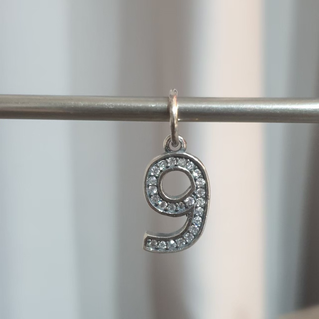 VANAN 925 Number 9 Dangle Charm ,Sterling Silver , Clear CZ