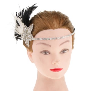 [HELLERY] Woman Feather Headband 1920s Gatsby Diamond Beads Forehead Elastic Hairband