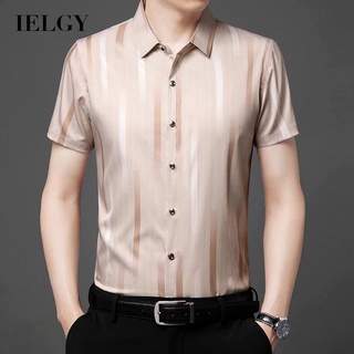 Ielgy เสื้อเชิ้ตแขนสั้น คอปก ลายทาง ลําลอง แบบบาง สไตล์นักธุรกิจ สําหรับผู้ชาย