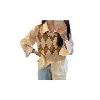 เสื้อกล้ามไหมพรมถัก เสื้อกั๊กหญิง สไตล์ย้อนยุคเกาหลี Diamond plaid knitted vest 1128
