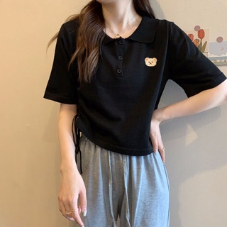 เสื้อโปโล คอปก แขนสั้น ผ้าถัก เข้ารูป ลายหมี สไตล์ใหม่ สําหรับผู้หญิง