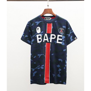 ใหม่ เสื้อยืดลําลอง ผ้าฝ้าย แขนสั้น ระบายอากาศ พิมพ์ลาย BAPE X PSG คุณภาพดี เหมาะกับฤดูร้อน สําหรับผู้ชาย ผู้หญิง