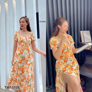 TW15708 เดรสยาวลายดอกไม้ กระโปรงผ่าด้านหน้าใส่สบายพริ้วมากค้า ช่วงหน้าอก สามารถรูดปรับได้ ซิปหลัง ปลายแขนยางยืด