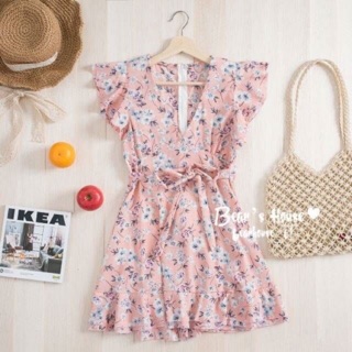🍈Floral Layer Dress🌼 🌼เดรสคอวี แต่งระบาย พร้อมผ้าผูกเอวปรับไซส์ น่ารักมาก